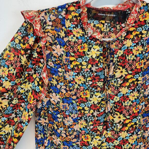 Code x Mode Floral Dress Size S Colorful Sheer Chiffon Ruffle V-Neck Peasant - Picture 4 of 11